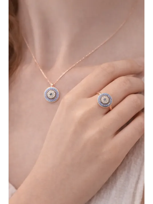 Kadın Kolye Yüzük Set - Rose Kaplama Nazar Boncuğu Motifli Kadın Set