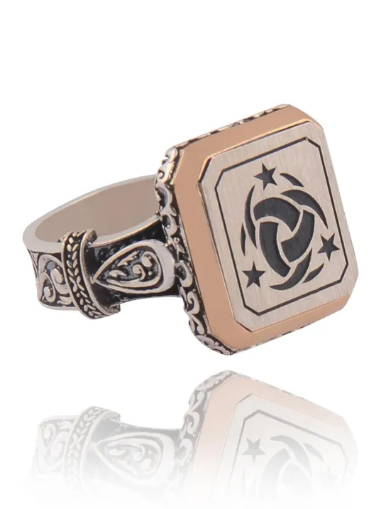 Kare Model Teşkilat-ı Mahsusa Yanı Kalkan Işlemeli Erkek Gümüş Yüzük