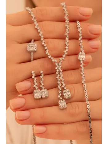 Kadın Gümüş Takı Seti - Nazlı Baget Taşlı Zirkon Süslemeli Kolye, Bileklik, Yüzük, Küpe Tam Set