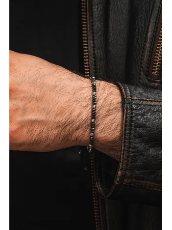 Siyah Hematit Taşlı Ayarlanabilir İpli 925 Ayar Gümüş Detaylı Erkek Bileklik