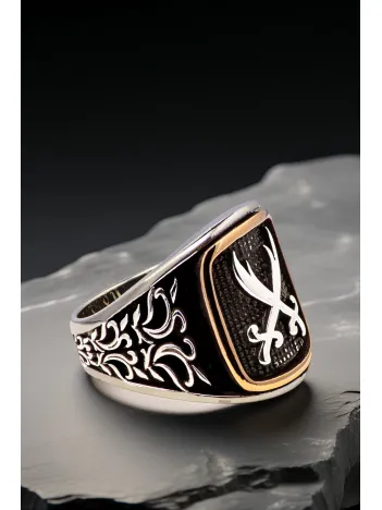 Erkek Gümüş Yüzük - Çift Zülfikar Yanı İşlemeli 925 Ayar Gümüş Yüzük