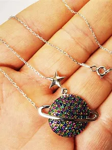 Gezegen Satürn Modeli Bayan Gümüş Kolye