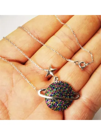 Gezegen Satürn Modeli Bayan Gümüş Kolye