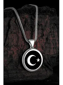 Erkek Gümüş Kolye - Türk Bayrağı Ay Yıldız Erkek Gümüş Kolye Zincir
