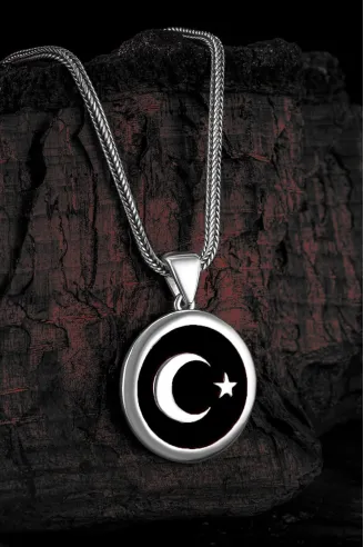 Erkek Gümüş Kolye - Türk Bayrağı Ay Yıldız Erkek Gümüş Kolye Zincir