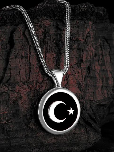 Erkek Gümüş Kolye - Türk Bayrağı Ay Yıldız Erkek Gümüş Kolye Zincir