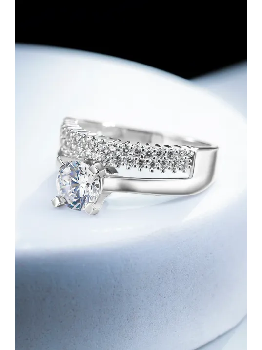 Kadın Gümüş Yüzük - İki Sıra Tektaş Zirkon Taşlı Kombin Kadın Gümüş Yüzük