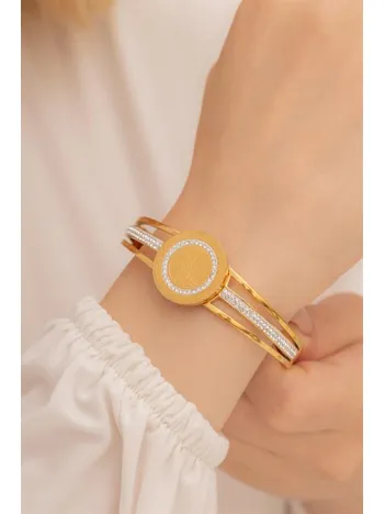 Kadın Bileklik-22 Ayar Gerçek Altın Kaplama(kararmaz) Çelik Kadın Kelepçe-Taşlı Tuğra İşlemeli