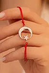 Kadın Gümüş Bileklik -  Zirkon Taşlı Ay Yıldız İp Kırmızı İpli Gümüş Bileklik