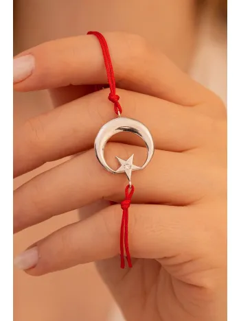 Kadın Gümüş Bileklik -  Zirkon Taşlı Ay Yıldız İp Kırmızı İpli Gümüş Bileklik