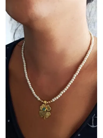 Gold Kaplama Altın Renk İnci Taşlı Nazar Boncuklu Yonca Bijuteri Zincirli Kolye