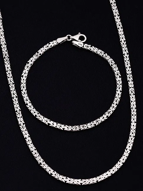 Erkek Gümüş Kolye Bileklik Set - 3.6mm Dikdörtgen Kesim Yassı Kral Gümüş Kolye Bileklik Set