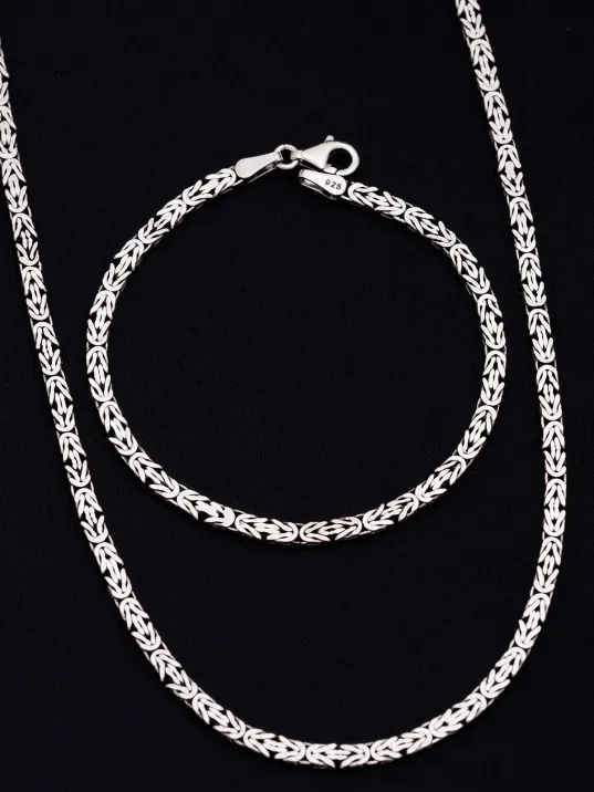 Erkek Gümüş Kolye Bileklik Set - 4mm Dikdörtgen Kesim Yassı Kral Gümüş Kolye Bileklik Set