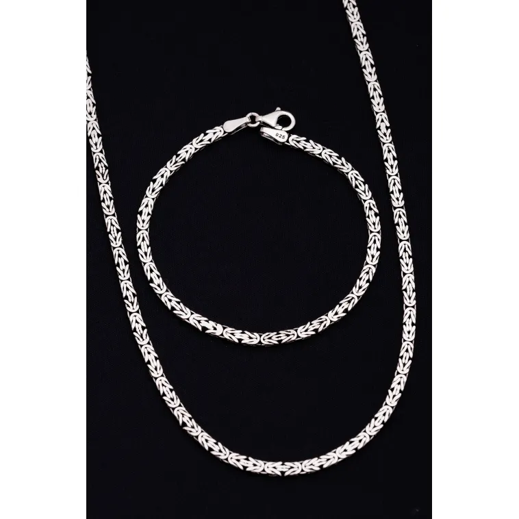 Erkek Gümüş Kolye Bileklik Set - 4mm Dikdörtgen Kesim Yassı Kral Gümüş Kolye Bileklik Set Erkek Gümüş Kolye Bileklik Set - 4mm Dikdörtgen Kesim Yassı Kral Gümüş Kolye Bileklik Set