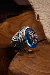 Anadolu Desenli Blue Topaz Aqua Marin Taşlı Yanı İşlemeli Erkek Gümüş Yüzük