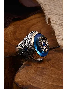 Anadolu Desenli Blue Topaz Aqua Marin Taşlı Yanı İşlemeli Erkek Gümüş Yüzük
