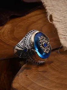 Anadolu Desenli Blue Topaz Aqua Marin Taşlı Yanı İşlemeli Erkek Gümüş Yüzük