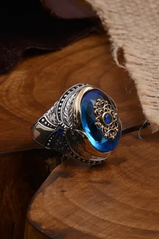 Anadolu Desenli Blue Topaz Aqua Marin Taşlı Yanı İşlemeli Erkek Gümüş Yüzük