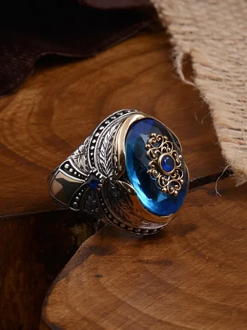 Anadolu Desenli Blue Topaz Aqua Marin Taşlı Yanı İşlemeli Erkek Gümüş Yüzük