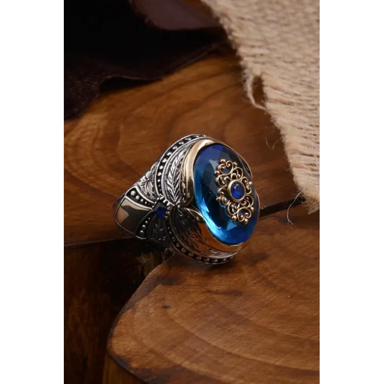 Anadolu Desenli Blue Topaz Aqua Marin Taşlı Yanı İşlemeli Erkek Gümüş Yüzük Anadolu Desenli Blue Topaz Aqua Marin Taşlı Yanı İşlemeli Erkek Gümüş Yüzük
