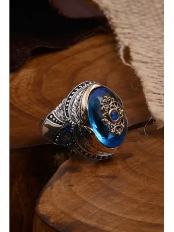 Anadolu Desenli Blue Topaz Aqua Marin Taşlı Yanı İşlemeli Erkek Gümüş Yüzük