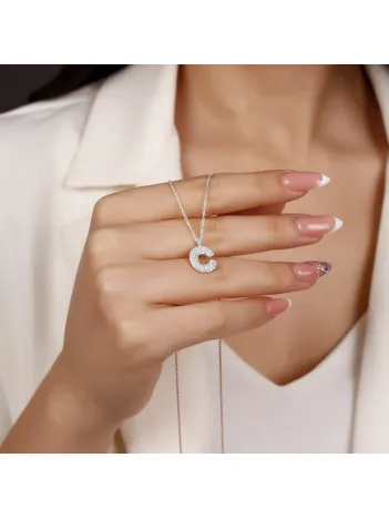 Kadın Gümüş Kolye - C Harfi Zirkon Taşlı Balon Harf Kadın Kolye