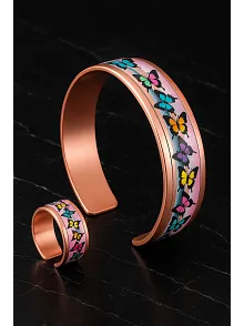 Kadın Bakır Bileklik Yüzük Set - Butterfly Model Özel Baskı Metal Kutu Ve Kuvars Taşı