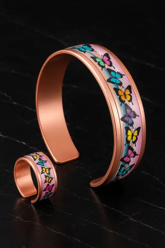 Kadın Bakır Bileklik Yüzük Set - Butterfly Model Özel Baskı Metal Kutu Ve Kuvars Taşı