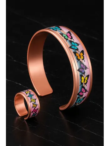 Kadın Bakır Bileklik Yüzük Set - Butterfly Model Özel Baskı Metal Kutu Ve Kuvars Taşı