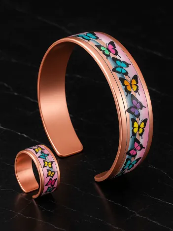 Kadın Bakır Bileklik Yüzük Set - Butterfly Model Özel Baskı Metal Kutu Ve Kuvars Taşı