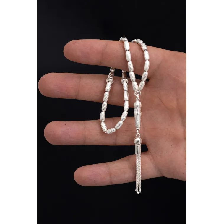 Gümüş Tespih Arpakesim Çizgili Orta Boy 15gr