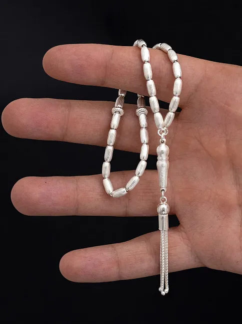 Gümüş Tespih Arpakesim Çizgili Orta Boy 15gr