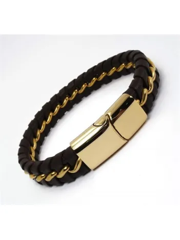 OttoMan Kahverengi Deri Çelik Erkek Bileklik 22k Altın Kaplama