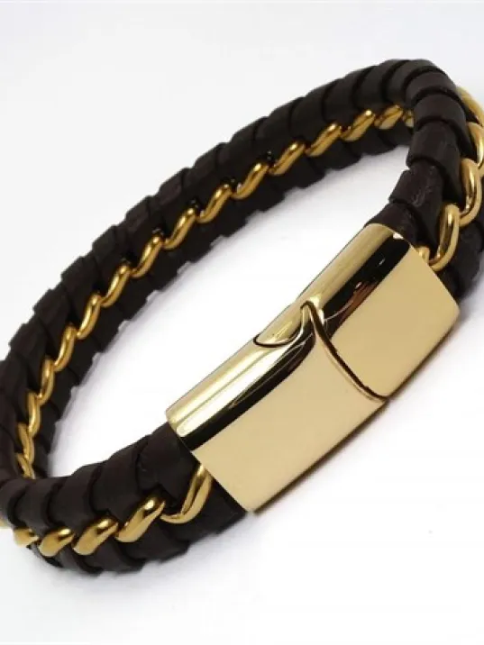 OttoMan Kahverengi Deri Çelik Erkek Bileklik 22k Altın Kaplama