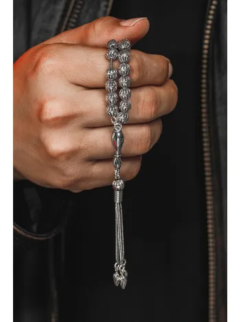 Erkek Tesbih - Vuslat Oksitli 925 Ayar Gümüş Erkek Tespih Küçük Boy 29gr