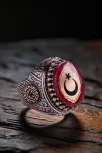 Erkek Kırmızı Sıkma Kehribar Taşlı Yanı Desenli Ay Yıldız İşlemeli 925 Ayar Gümüş Yüzük