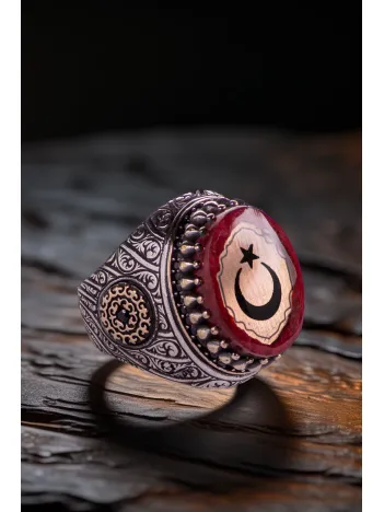 Erkek Kırmızı Sıkma Kehribar Taşlı Yanı Desenli Ay Yıldız İşlemeli 925 Ayar Gümüş Yüzük
