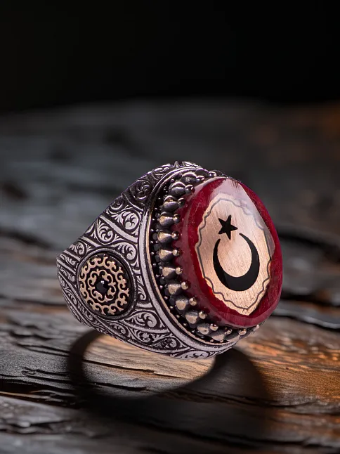 Erkek Kırmızı Sıkma Kehribar Taşlı Yanı Desenli Ay Yıldız İşlemeli 925 Ayar Gümüş Yüzük Erkek Kırmızı Sıkma Kehribar Taşlı Yanı Desenli Ay Yıldız İşlemeli 925 Ayar Gümüş Yüzük