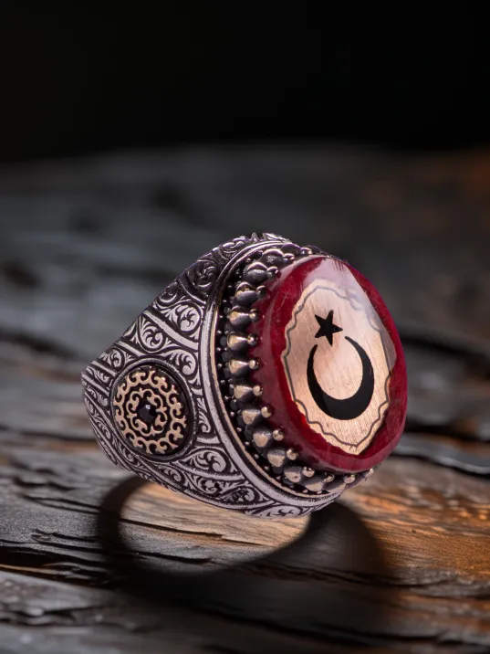 Erkek Kırmızı Sıkma Kehribar Taşlı Yanı Desenli Ay Yıldız İşlemeli 925 Ayar Gümüş Yüzük