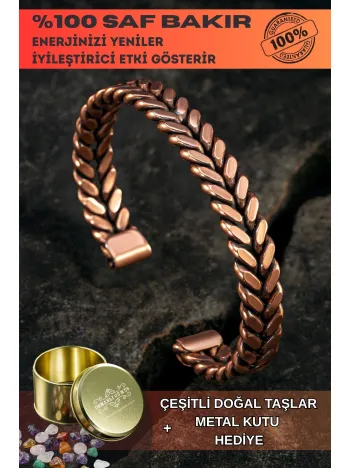 Copper Vena Model Bakır Kelepçe Bilezik Erkek Kadın Doğal Taşlar ve Metal Kutulu