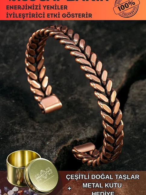 Copper Vena Model Bakır Kelepçe Bilezik Erkek Kadın Doğal Taşlar ve Metal Kutulu