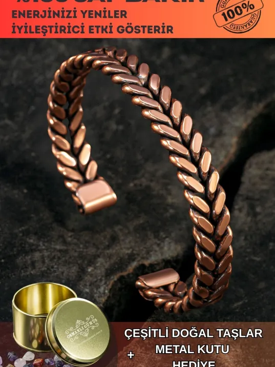 Copper Vena Model Bakır Kelepçe Bilezik Erkek Kadın Doğal Taşlar ve Metal Kutulu