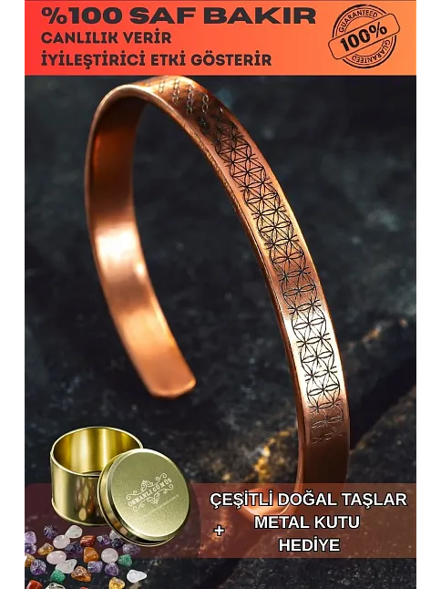 Erkek Bakır Bileklik - Lotus Çiçeği - Yaşam Çiçeği İnce Model 2 Erkek Kelepçe Bileklik Bilezik
