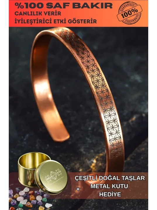 Erkek Bakır Bileklik - Lotus Çiçeği - Yaşam Çiçeği İnce Model 2 Erkek Kelepçe Bileklik Bilezik