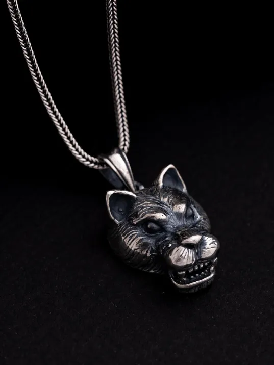Erkek Gümüş Kolye - Pars Kafası Figürlü Tilki Kuyruğu Zincir Erkek Kolye