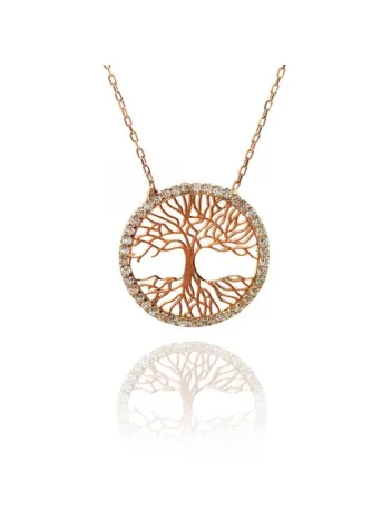 Taşlı Hayat Ağacı Rose Kaplama Kadın Gümüş Kolye Zincir Gklhaytagac