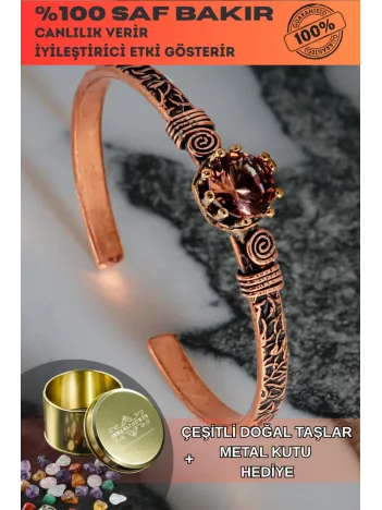 Kadın Bakır Bileklik - Zultanit Taşı Model 2 Ağaç Kabuğu Model İnce Metal Kutu Doğal Taşlar Bilezik