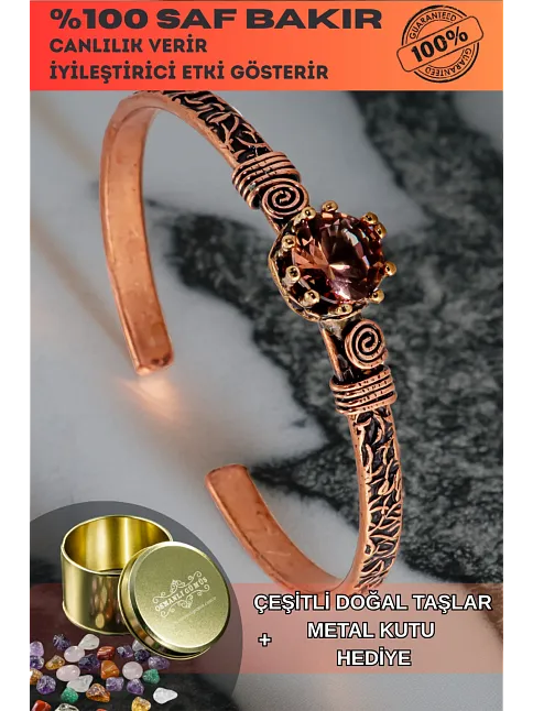 Kadın Bakır Bileklik - Zultanit Taşı Model 2 Ağaç Kabuğu Model İnce Metal Kutu Doğal Taşlar Bilezik