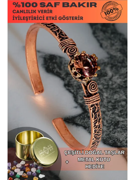 Kadın Bakır Bileklik - Zultanit Taşı Model 2 Ağaç Kabuğu Model İnce Metal Kutu Doğal Taşlar Bilezik