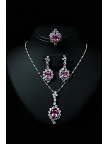 Kadın Gümüş Kolye Yüzük Küpe Set - Bella Model Kare Pembe Zirkon Taşlı Set